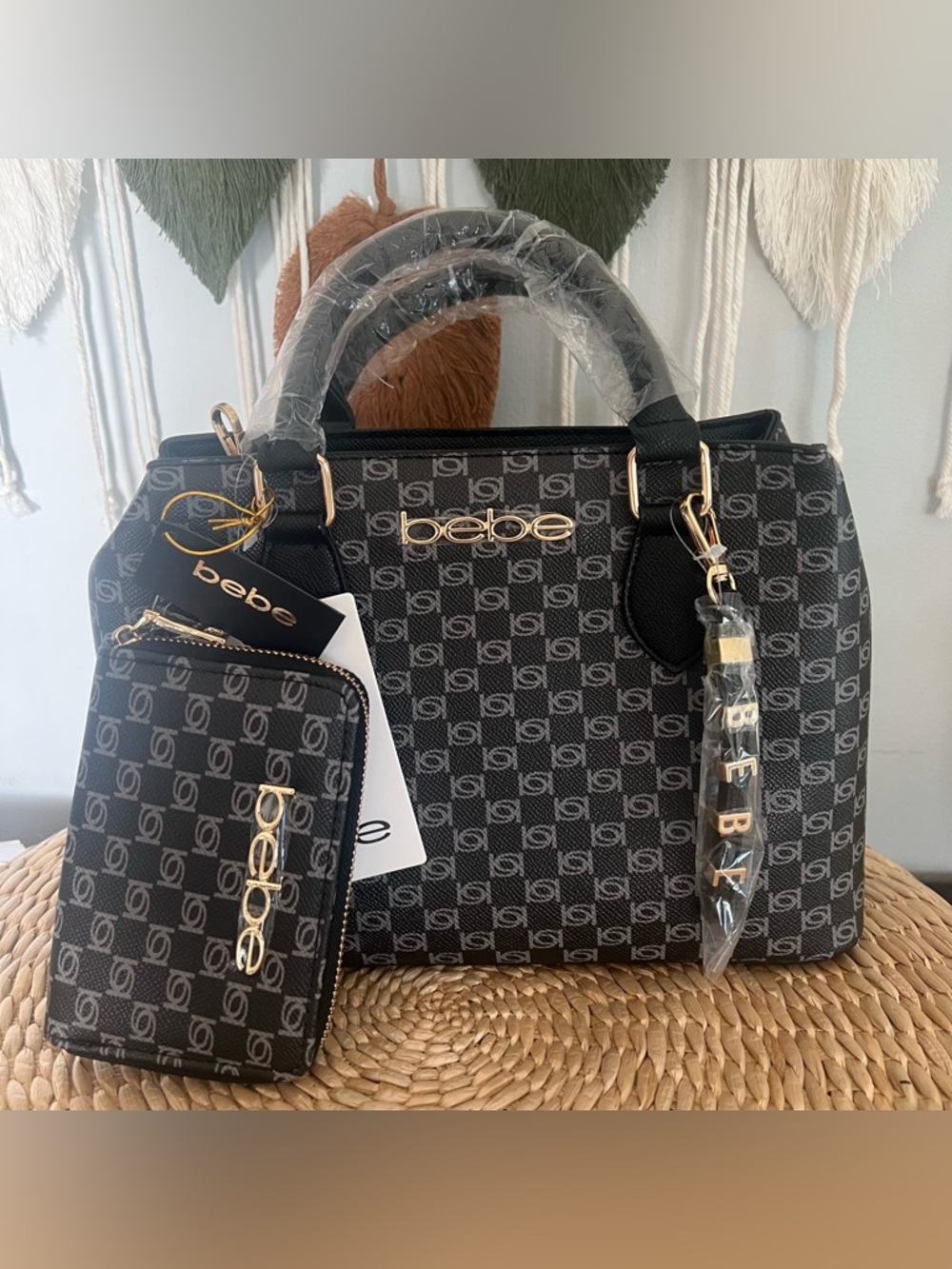 bebe Black Monogram Satchel with Matching Zip Wallet
